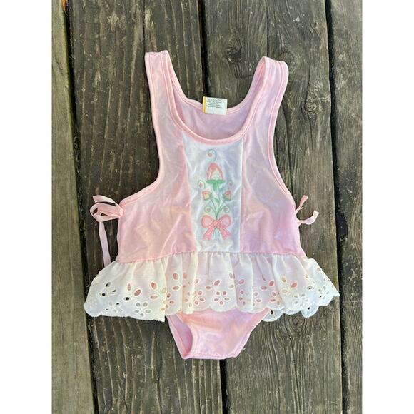 one piece swimsuit 1980s eyelet lace 12mo - Picture 1 of 6